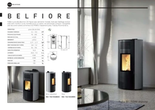 POELE A GRANULES ETANCHE BELFIORE CMG 3,1 À 8 KW ACIER GRIS -Poêles Cuisinières Soldes scheda belfiore 1 1